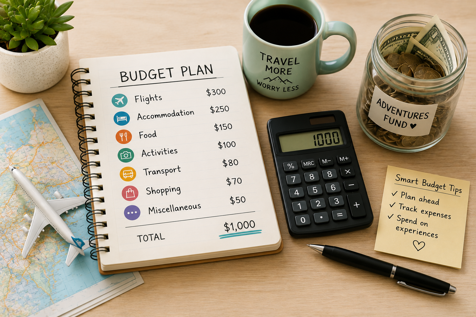 trevel budgeting planTravel budgeting setup with expense planner, calculator, map, and travel essentials.