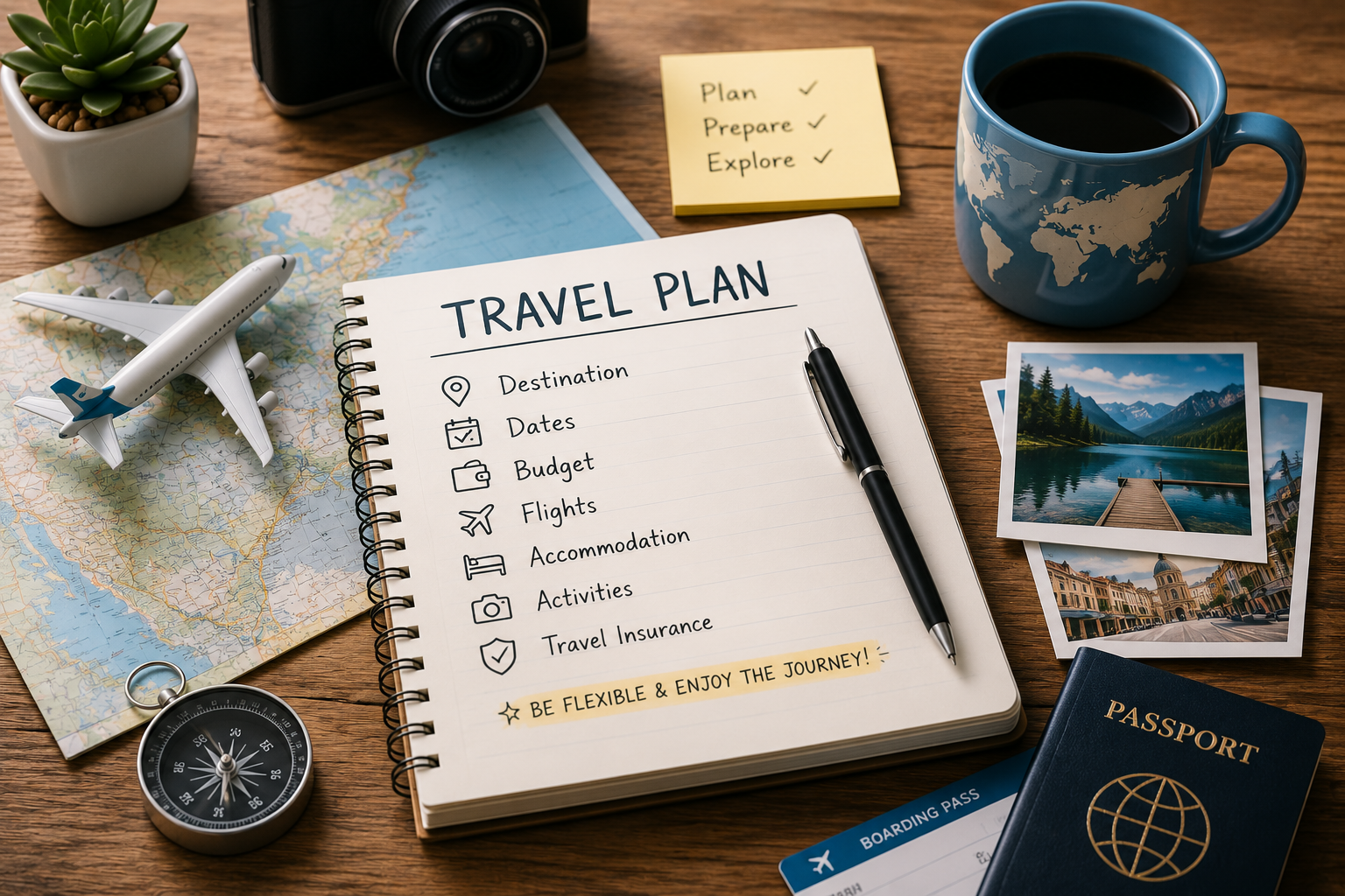 travel planTravel planning setup with map, passport, checklist, and travel essentials on a desk.